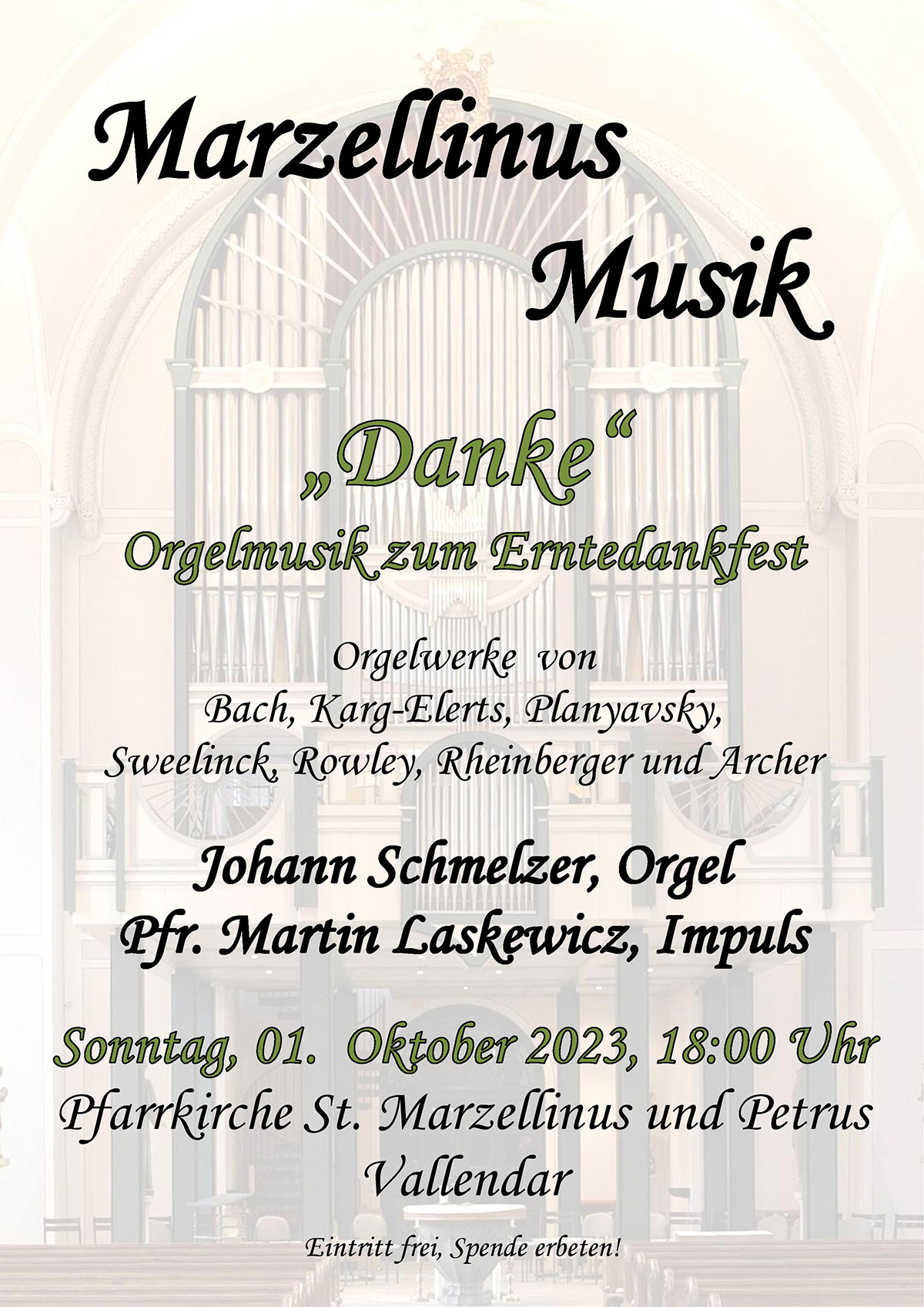 Marzellinusmusik Vallendar - &bdquo;Danke&ldquo; - Orgelmusik zum Erntedankfest (Plakat)