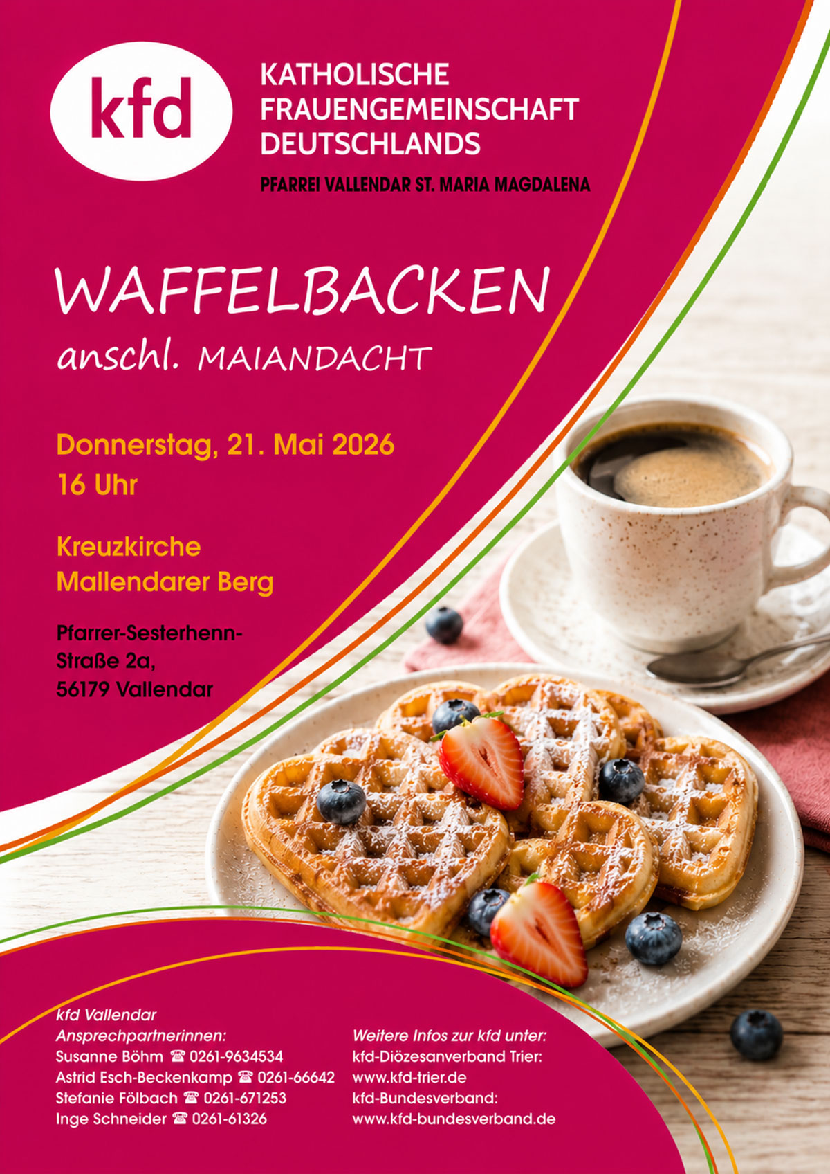 Waffelbacken und Maiandacht (Plakat: kfd Vallendar)